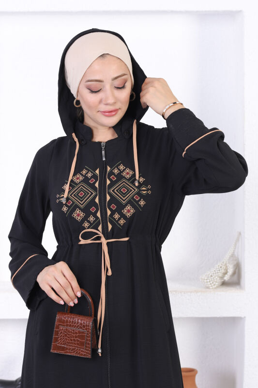 Ön Nakış Kapüşonlu Mevsimlik Ferace TS0564 Siyah Camel - 5