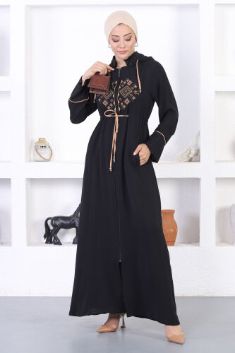Ön Nakış Kapüşonlu Mevsimlik Ferace TS0564 Siyah Camel - 3