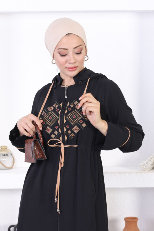 Ön Nakış Kapüşonlu Mevsimlik Ferace TS0564 Siyah Camel - 6