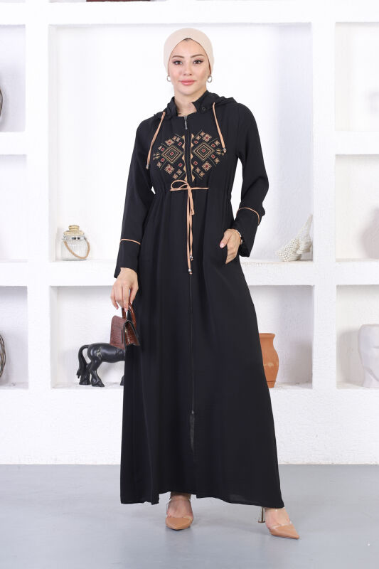 Ön Nakış Kapüşonlu Mevsimlik Ferace TS0564 Siyah Camel - 1