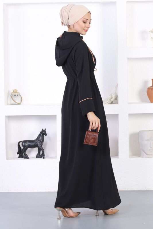 Ön Nakış Kapüşonlu Mevsimlik Ferace TS0564 Siyah Camel - 4