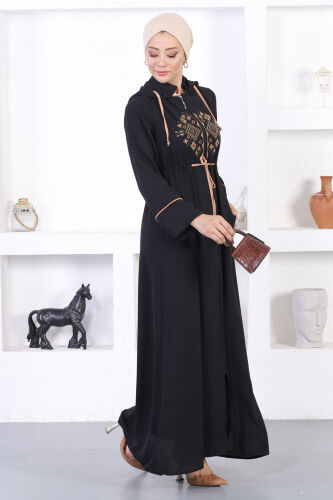 Ön Nakış Kapüşonlu Mevsimlik Ferace TS0564 Siyah Camel - 2
