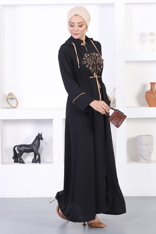 Ön Nakış Kapüşonlu Mevsimlik Ferace TS0564 Siyah Camel - 2