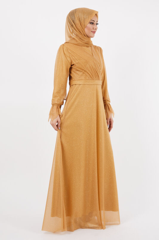 Simli Kol Detaylı Abiye TS0205 Taba - 3