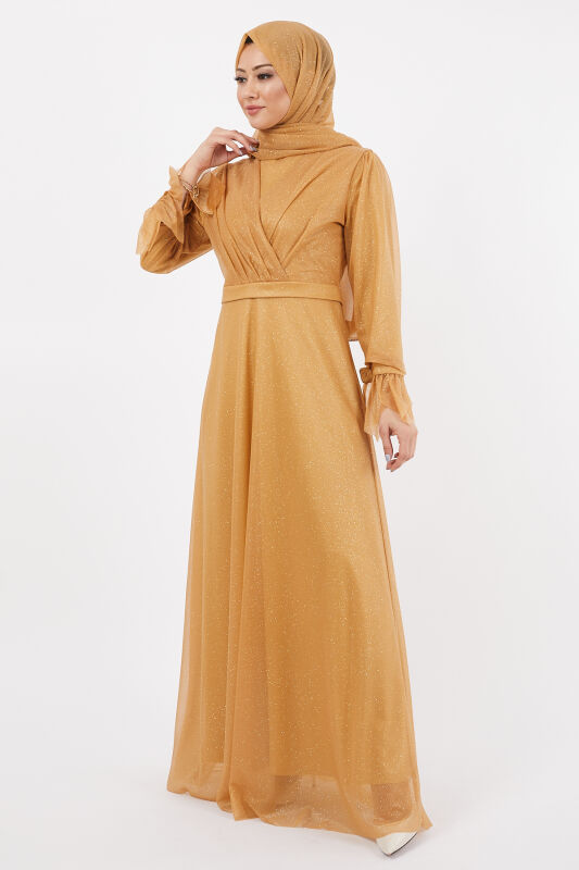 Simli Kol Detaylı Abiye TS0205 Taba - 4