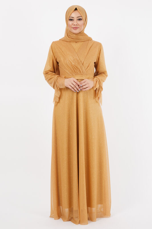 Simli Kol Detaylı Abiye TS0205 Taba - 1