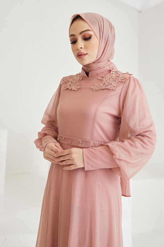 Simli Tül Omuz Dantel Detaylı Abiye TS0206 Pudra - 5
