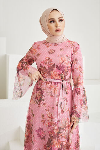 Tül Dijital Elbise TS0233 Gül Kurusu - 5