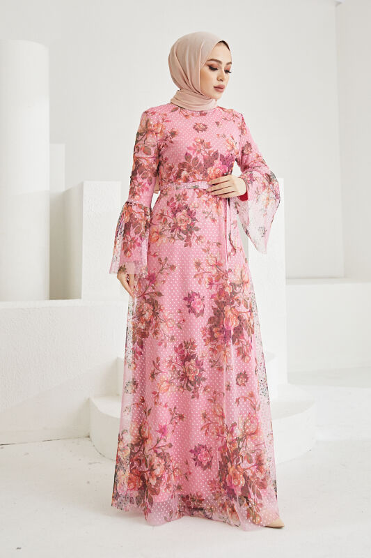 Tül Dijital Elbise TS0233 Gül Kurusu - 3