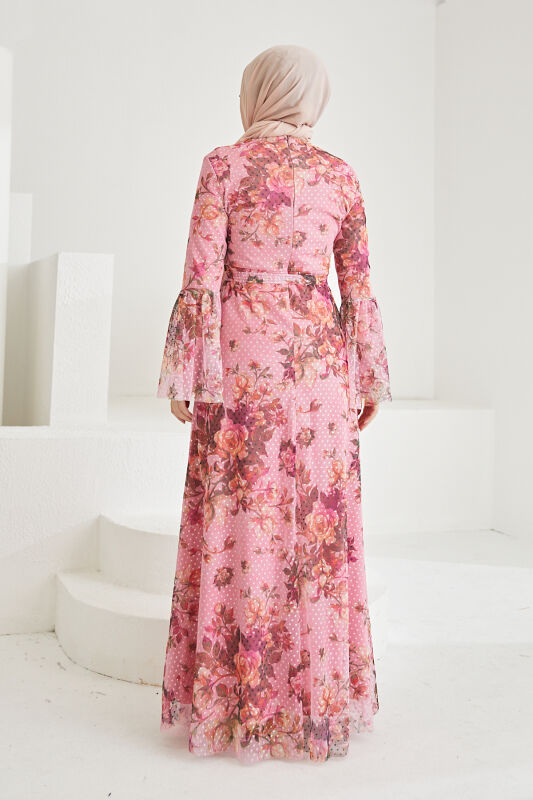 Tül Dijital Elbise TS0233 Gül Kurusu - 4