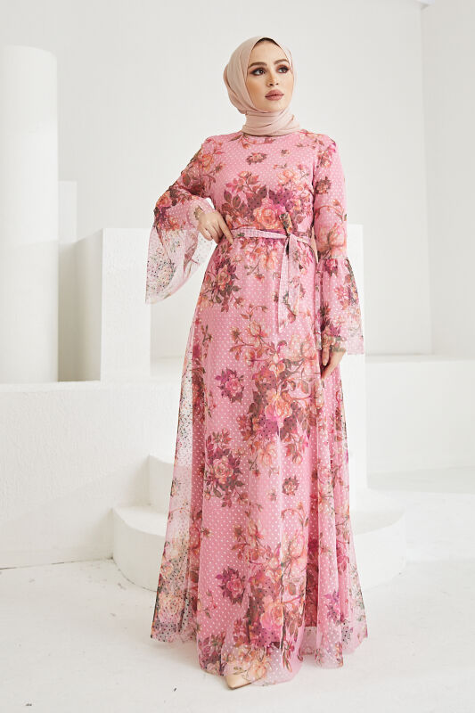 Tül Dijital Elbise TS0233 Gül Kurusu - 1