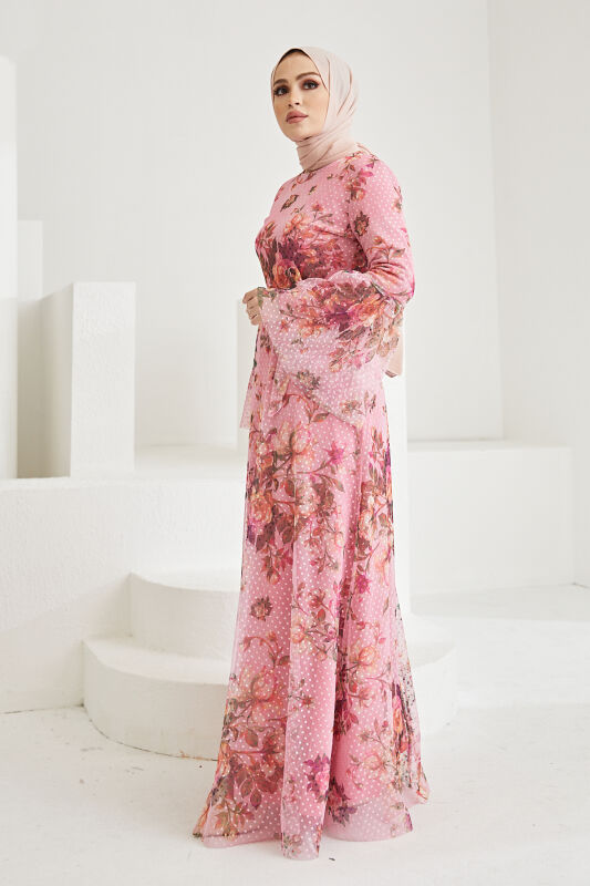 Tül Dijital Elbise TS0233 Gül Kurusu - 2